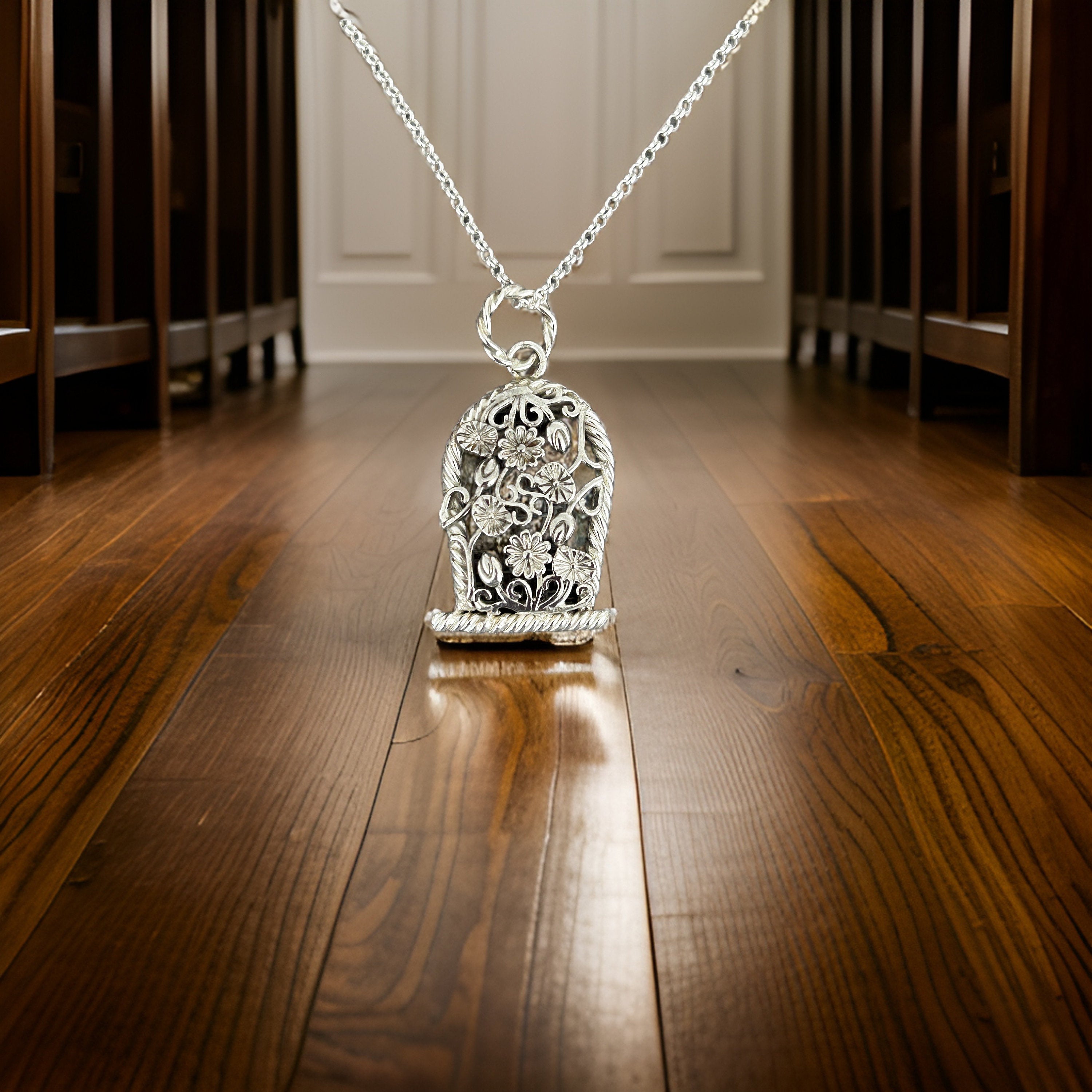 Sterling Silver Flower Basket Pendant Necklace • Floral Design • 20-inch Rolo Chain