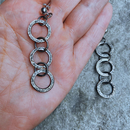 Fine Silver Dangle  Chain Earrings, Oxidized, Rustic Design