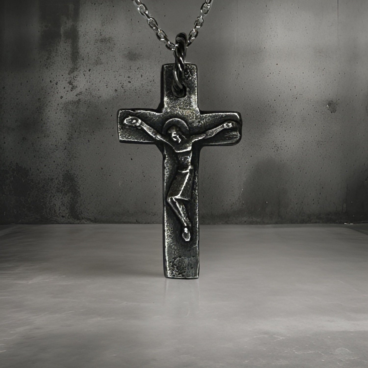Sterling Silver Crucifix Necklace – Rustic Oxidized Cross Pendant for Men