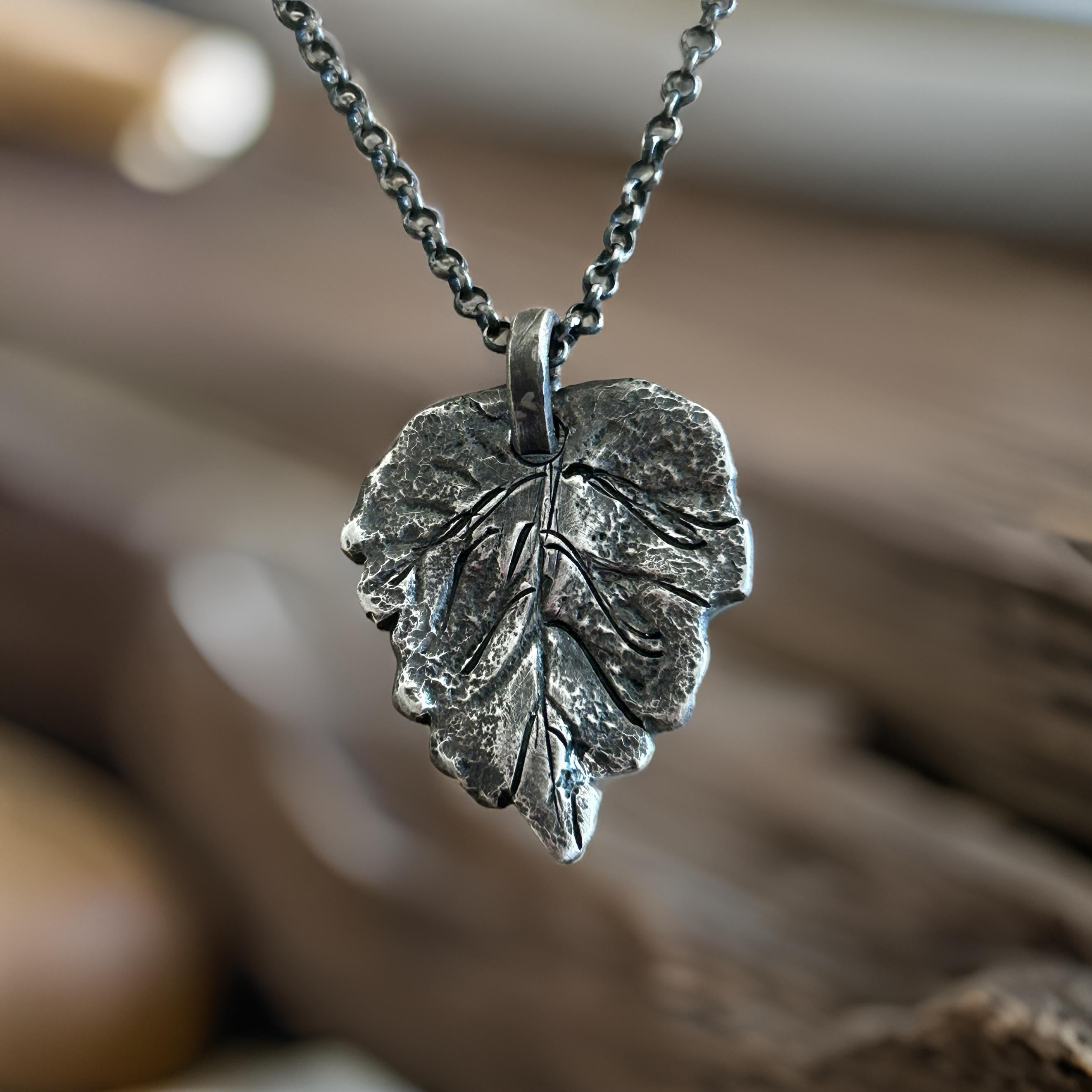 Sterling Silver Oak Leaf Necklace – Oxidized Rustic Handmade Pendant
