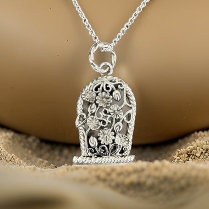 Sterling Silver Flower Basket Pendant Necklace • Floral Design • 20-inch Rolo Chain
