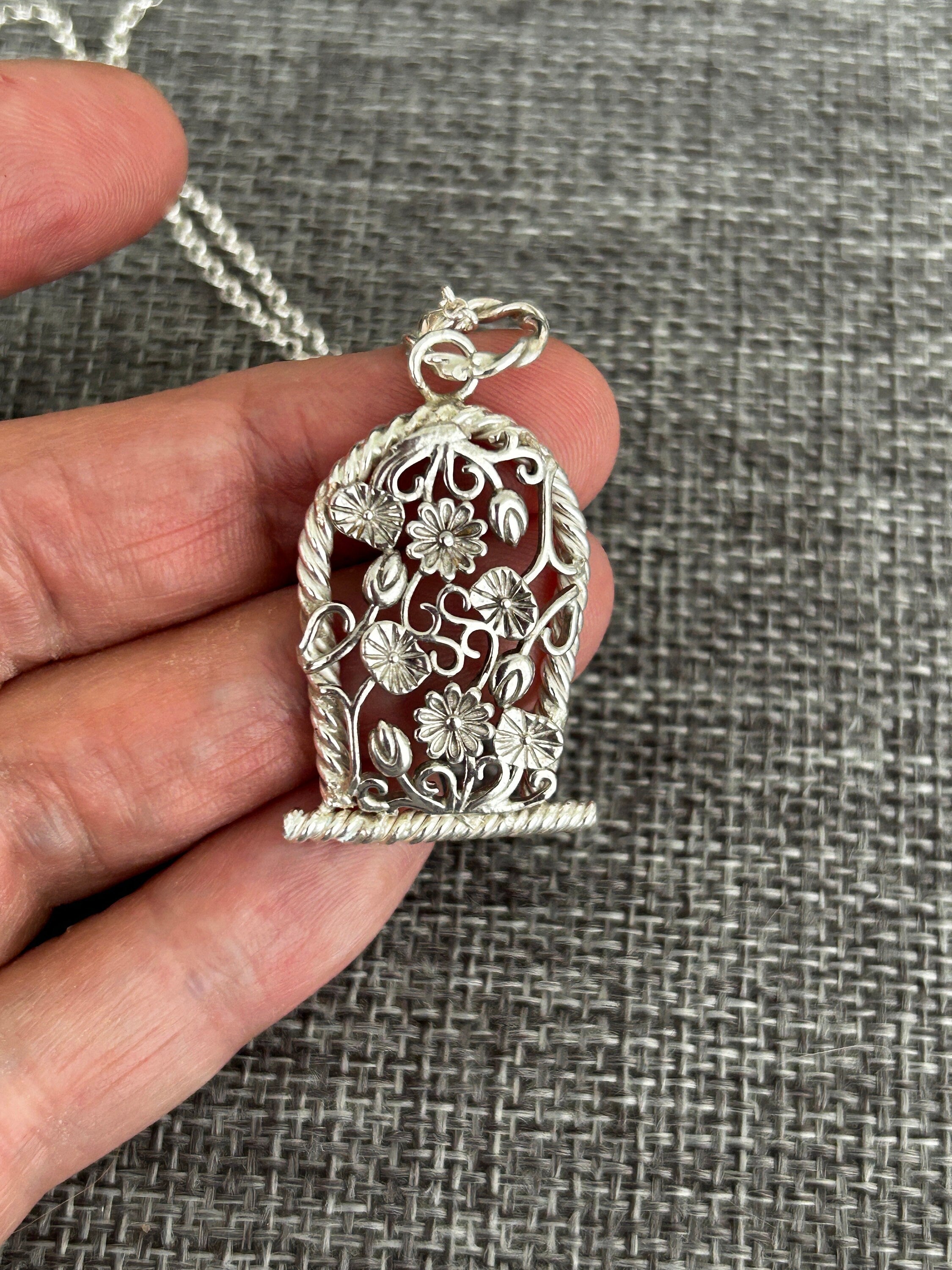 Sterling Silver Flower Basket Pendant Necklace • Floral Design • 20-inch Rolo Chain