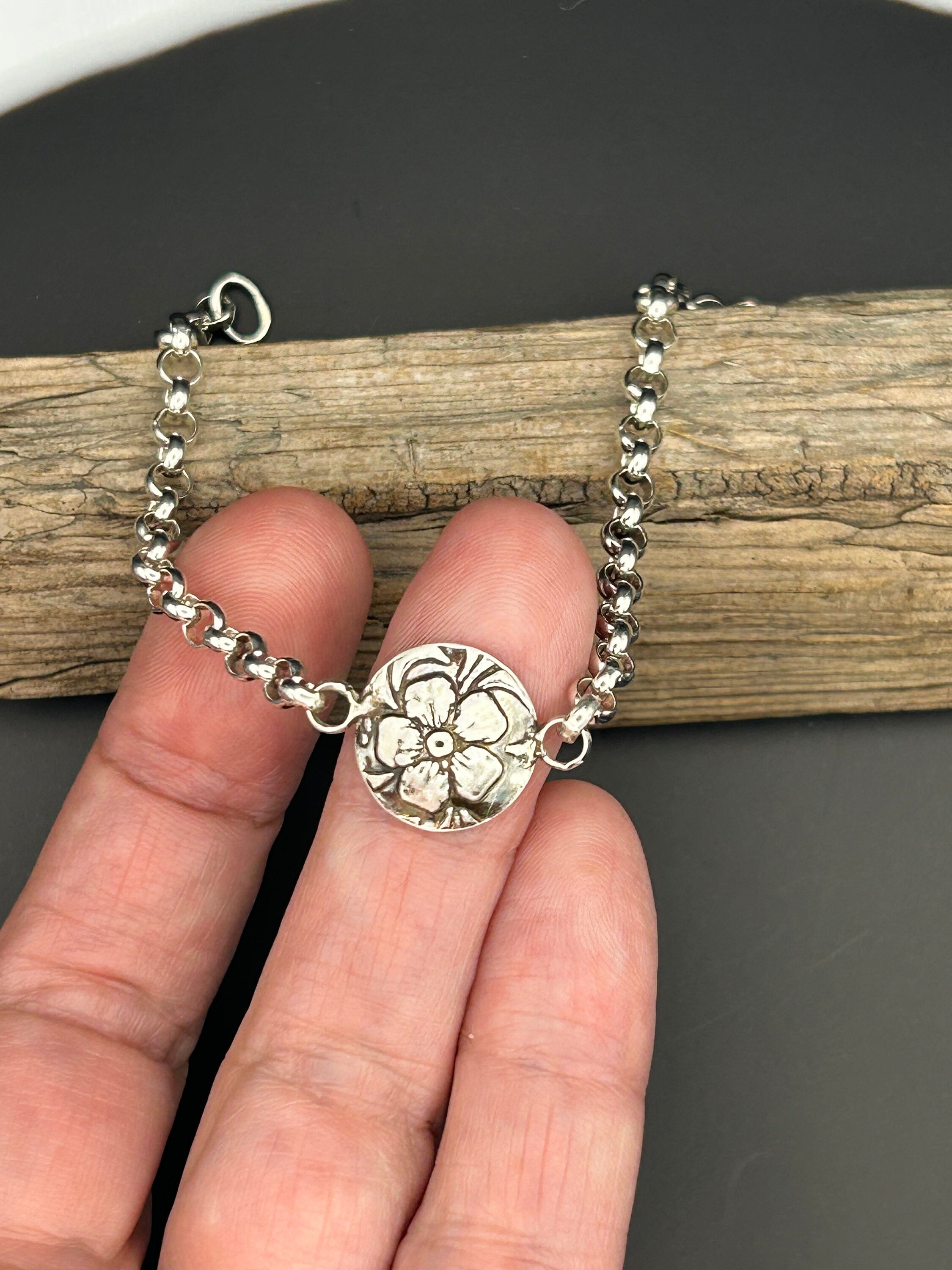 Sterling Silver Flower Charm Bracelet | Oxidized 925 Rolo Chain Jewelry