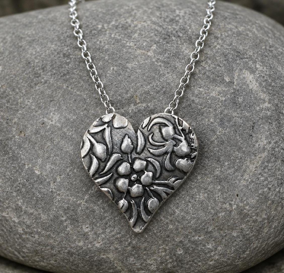 Sterling Silver Floral Heart Necklace, Botanical Jewelry
