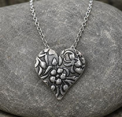 Sterling Silver Floral Heart Necklace, Botanical Jewelry