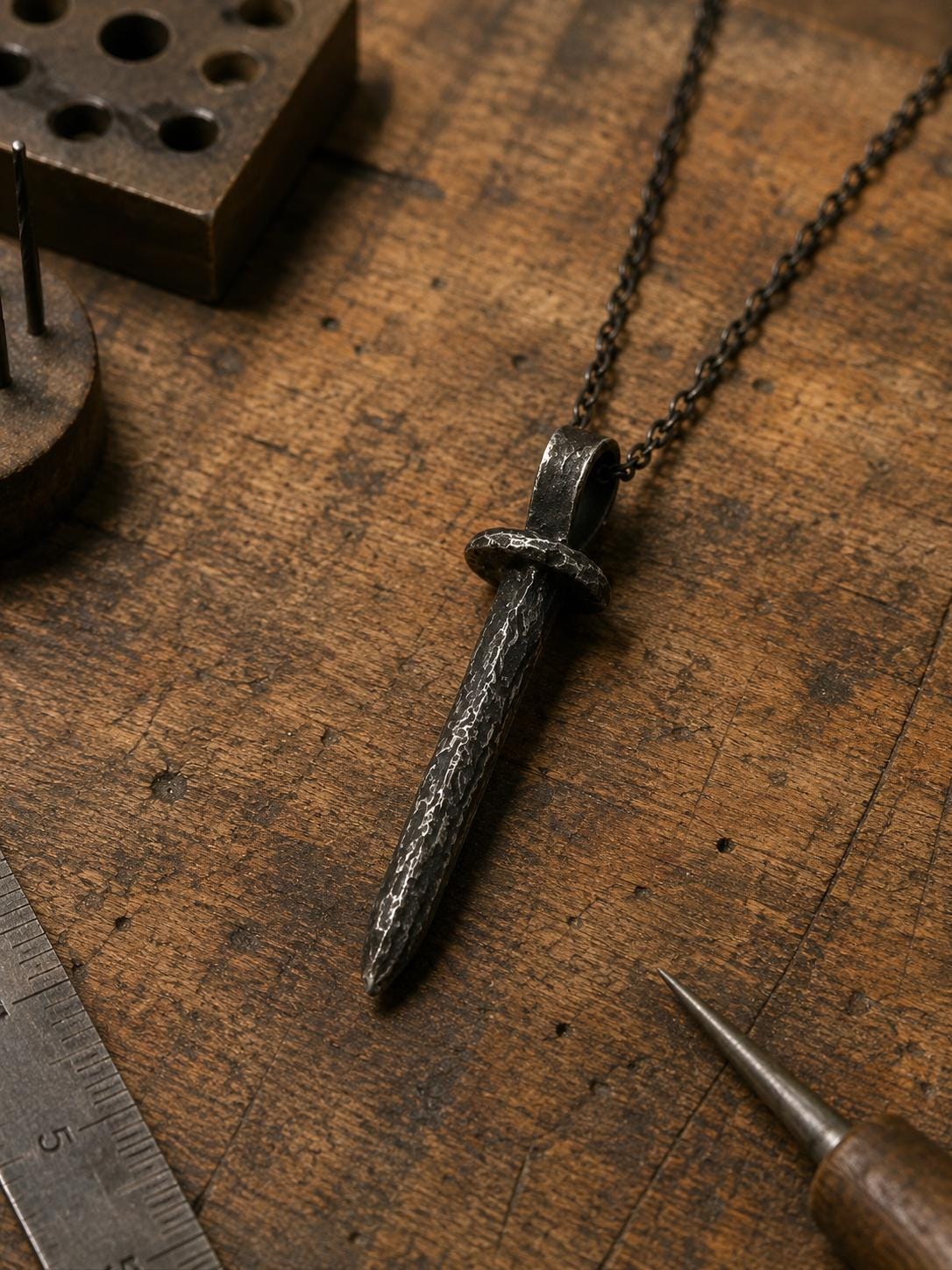 Sterling Silver Coffin Nail Pendant: Oxidized Stake Necklace