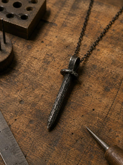 Sterling Silver Coffin Nail Pendant: Oxidized Stake Necklace