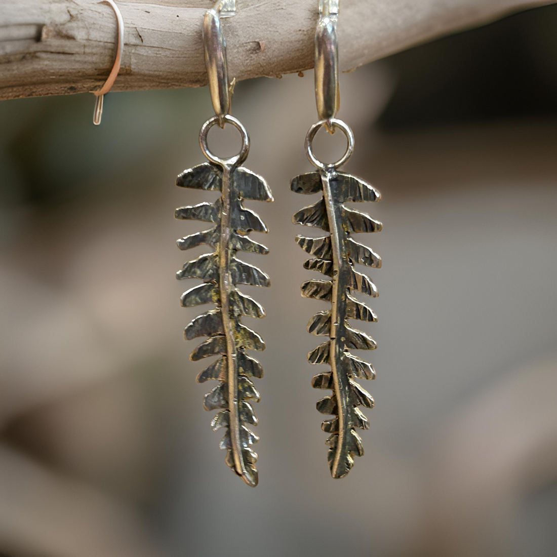 Rustic sterling silver fern long dangling earrings