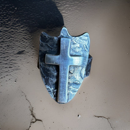 Sterling Silver Cross Shield Ring |  Oxidized Men&