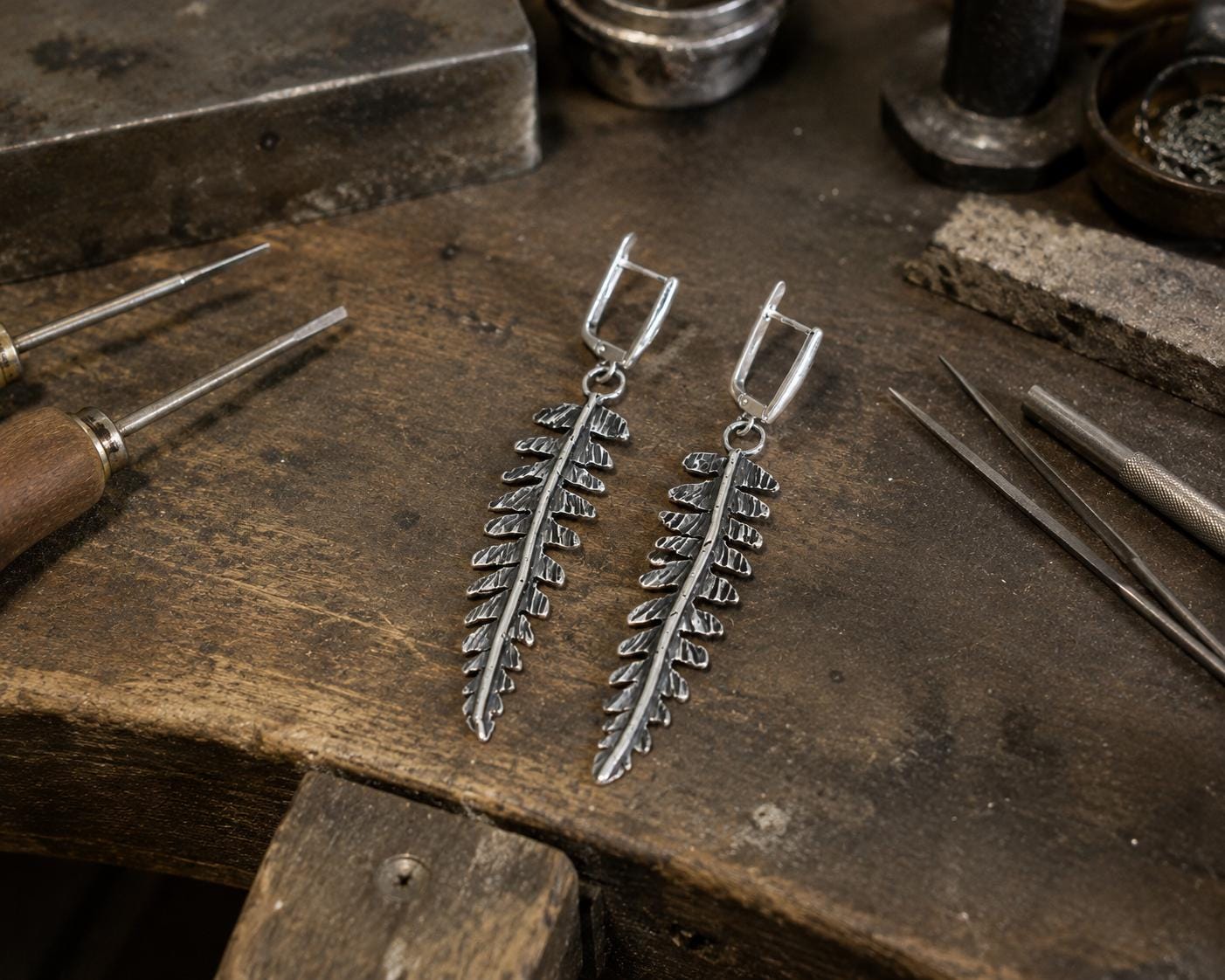 Sterling Silver Leaf Earrings | Long Botanical Dangle Jewelry, Rustic Texture
