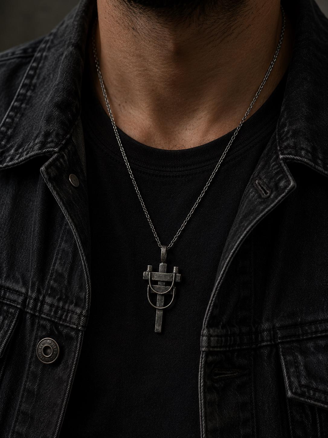Sterling Silver Power Line Post Pendant Necklace for Men, Rustic Oxidized UJewelry
