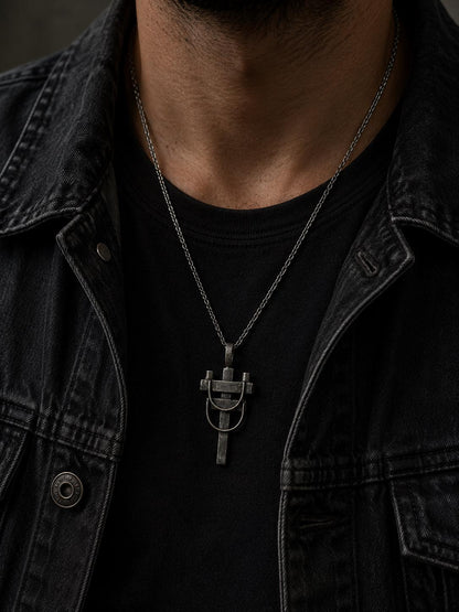 Sterling Silver Power Line Post Pendant Necklace for Men, Rustic Oxidized UJewelry