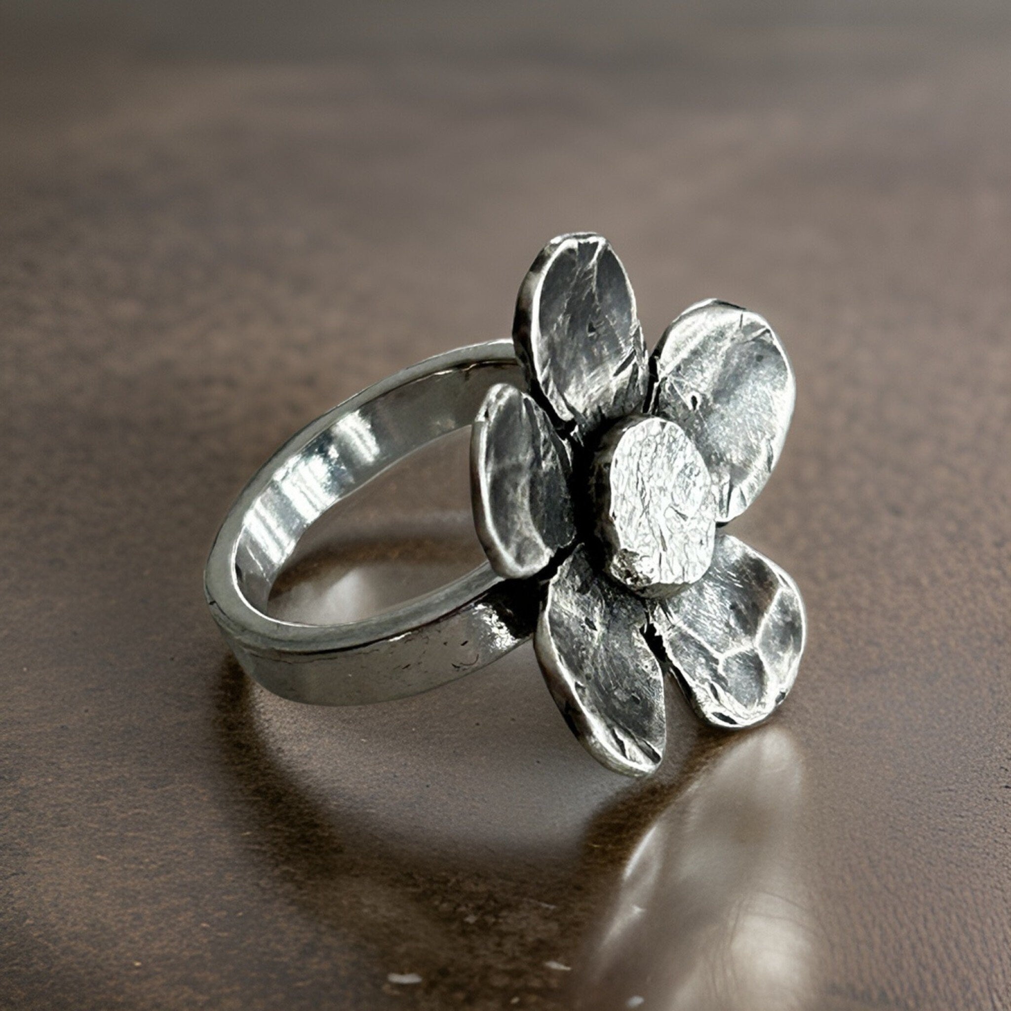 925 Silver Flower Ring, Handcrafted Unique Ring Floral Jewelry