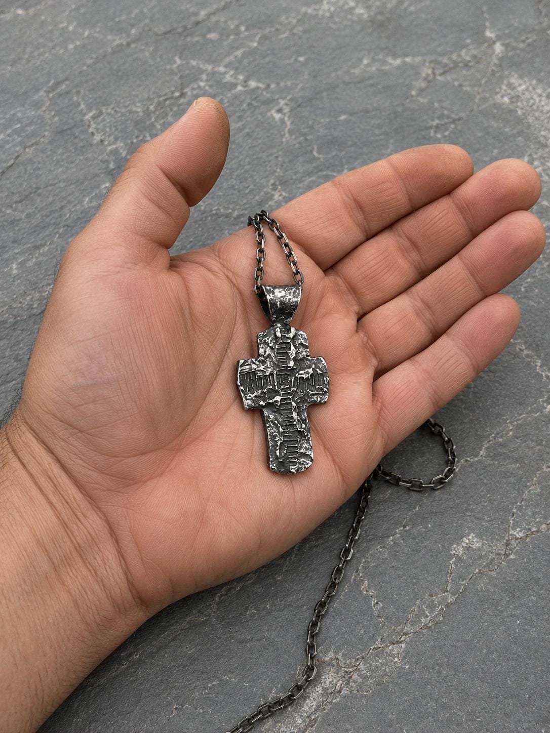 Handmade Oxidized Silver Cross Necklace, Rustic Mens Cross Pendant, Hammered Christian Cross, Gothic Religious Jewelry, Mens Gift