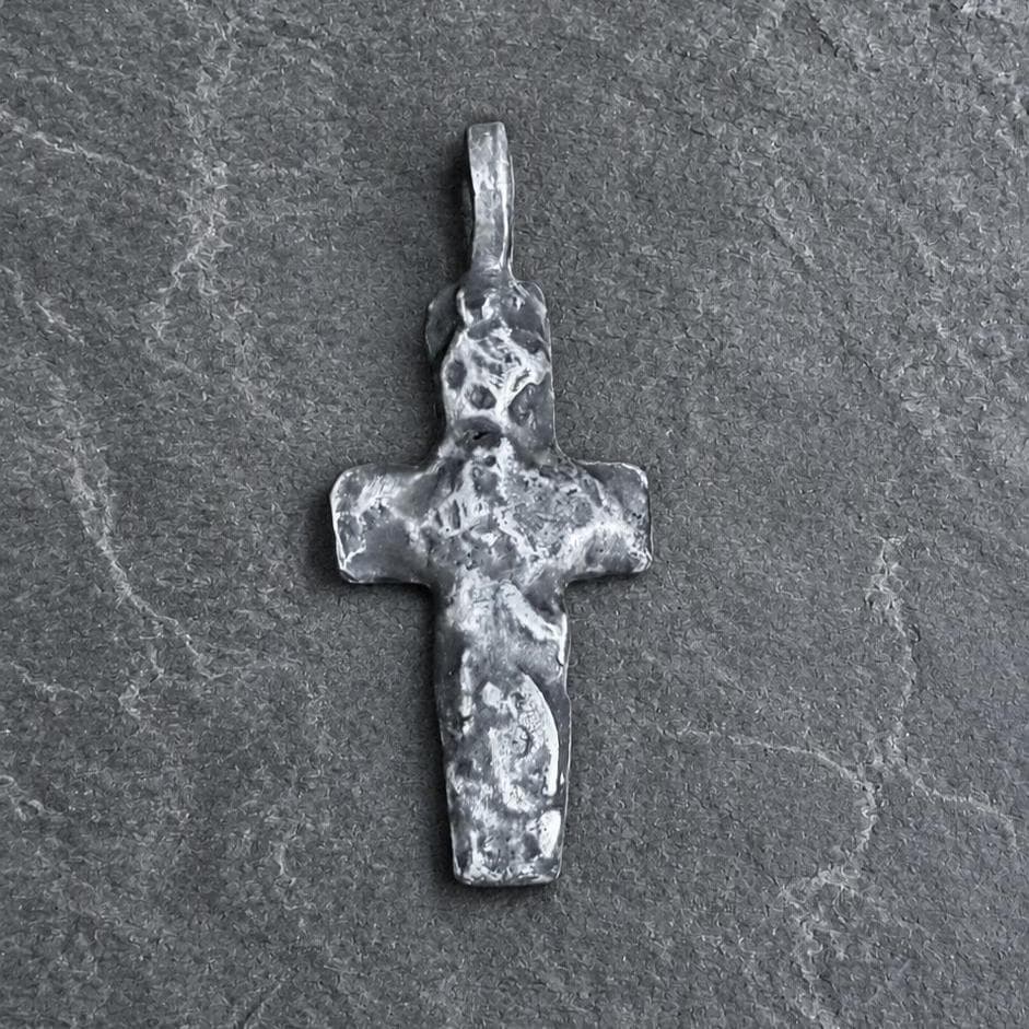 Fine Silver Cross Pendant | Rustic Oxidized Artisan Necklace, 5mm Thick