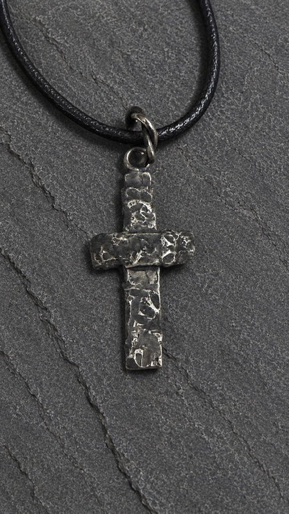 Handmade Sterling Silver Rustic Cross Pendant, Oxidized Artisan Christian Jewelry
