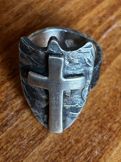 Sterling Silver Cross Shield Ring |  Oxidized Men&