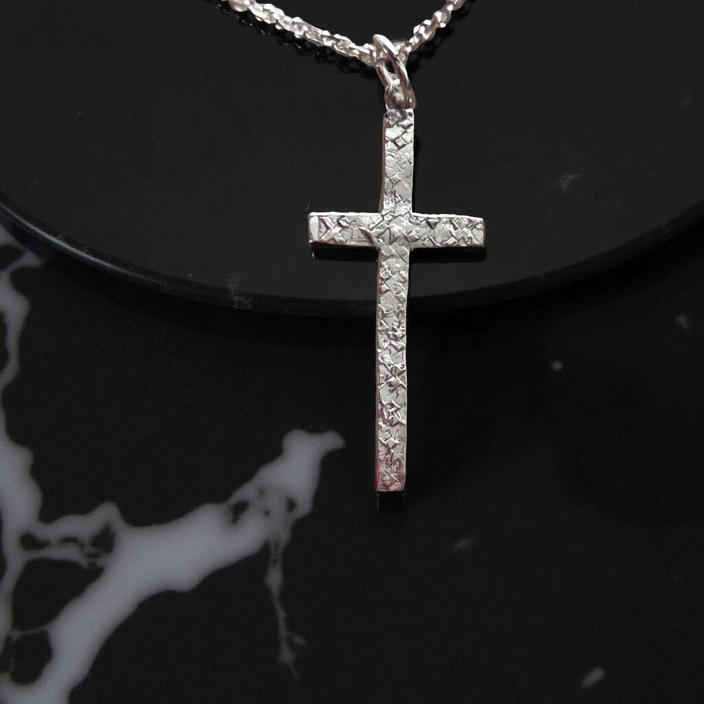 Sterling Silver Hammered Cross Pendant Necklace | Rustic Minimalist Christian Jewelry