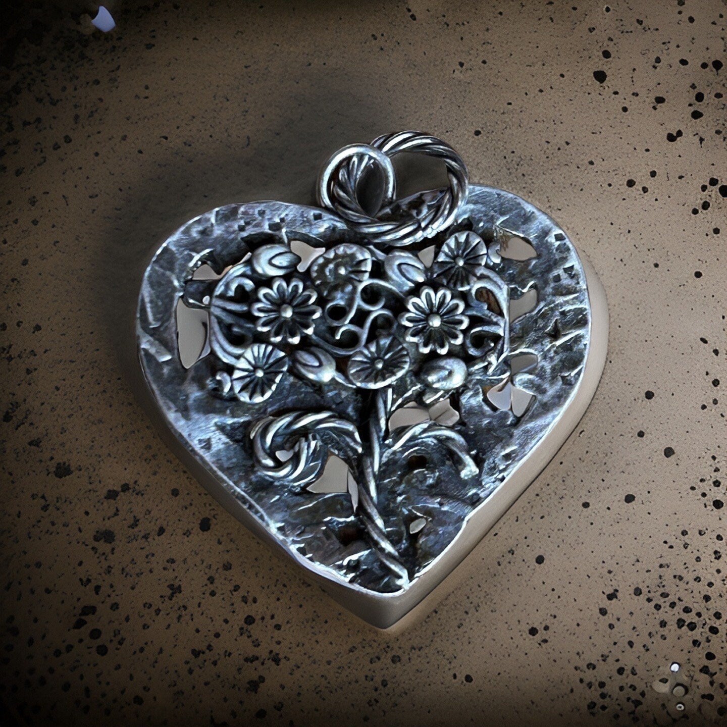 Sterling Silver Heart Pendant – Oxidized Artisan Jewelry, Flower jewelry
