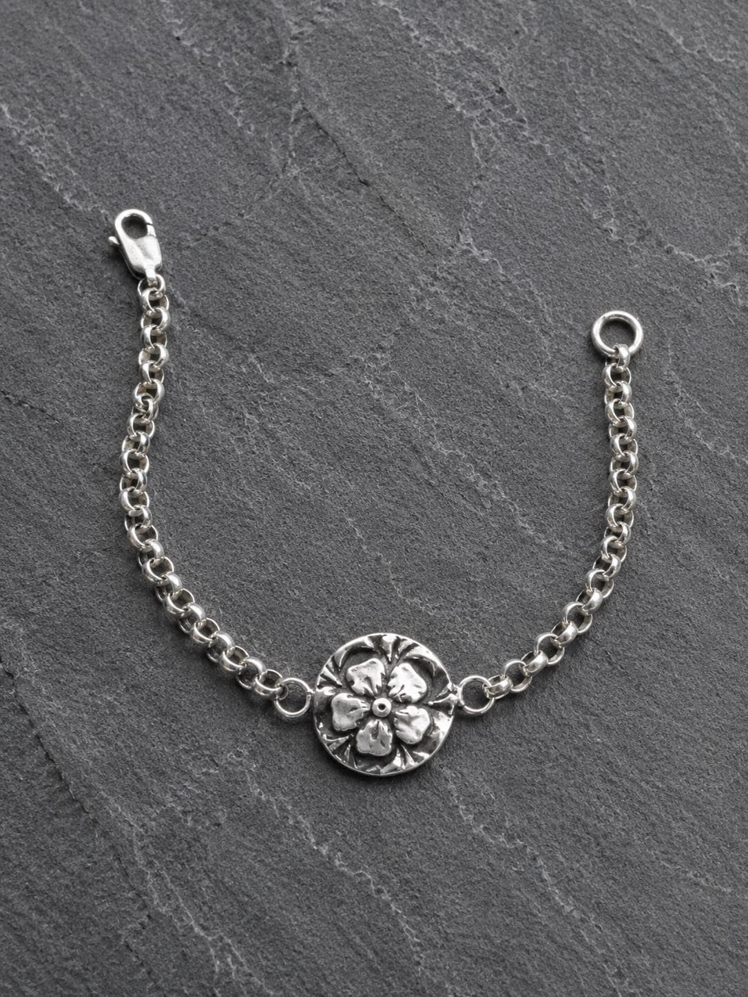 Sterling Silver Flower Charm Bracelet | Oxidized 925 Rolo Chain Jewelry