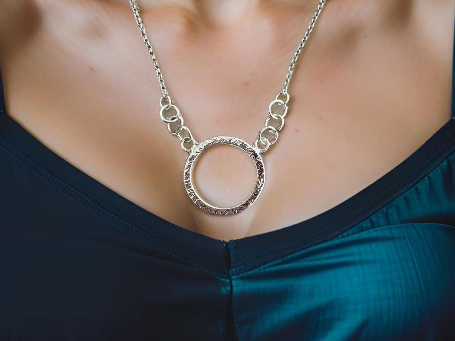 925 Sterling Silver • Circle Pendant Necklace • Minimalist Textured Design • Adjustable Chain • Handmade Chain
