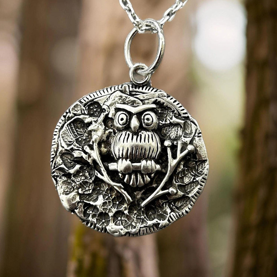 Sterling silver owl pendant necklace with forest-inspired design, crafted by JJewelryArt, featuring detailed woodland motifs.