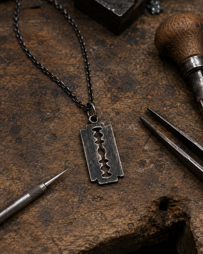Handmade Sterling Silver Razor Blade Necklace, Oxidized Gothic Pendant, Edgy Unisex Jewelry