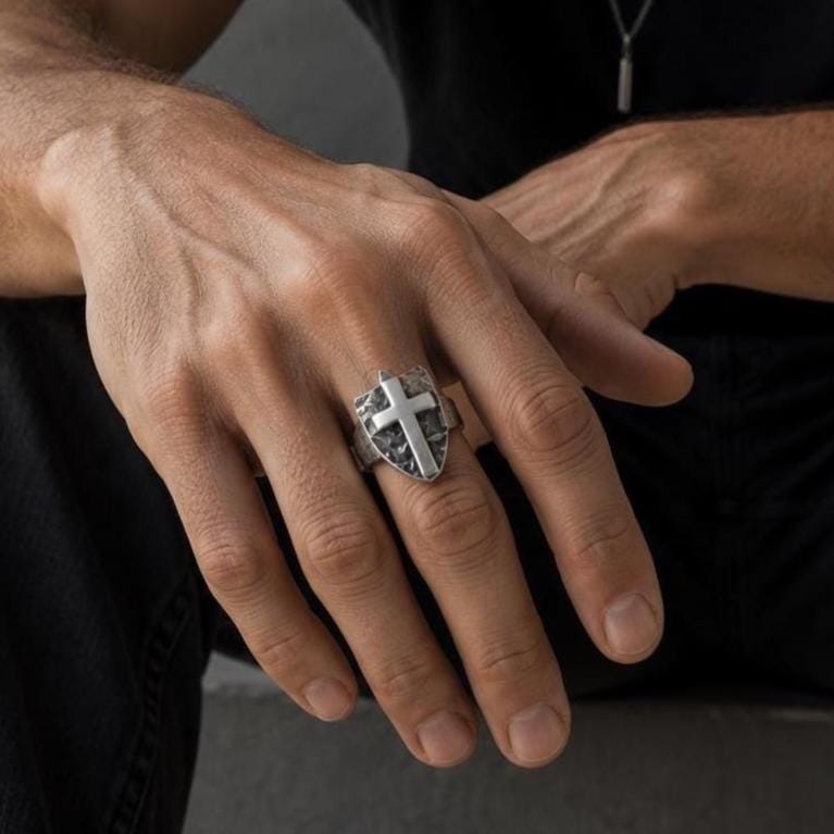 Sterling Silver Cross Shield Ring |  Oxidized Men&