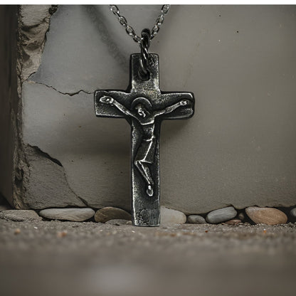 Sterling Silver Crucifix Necklace – Rustic Oxidized Cross Pendant for Men