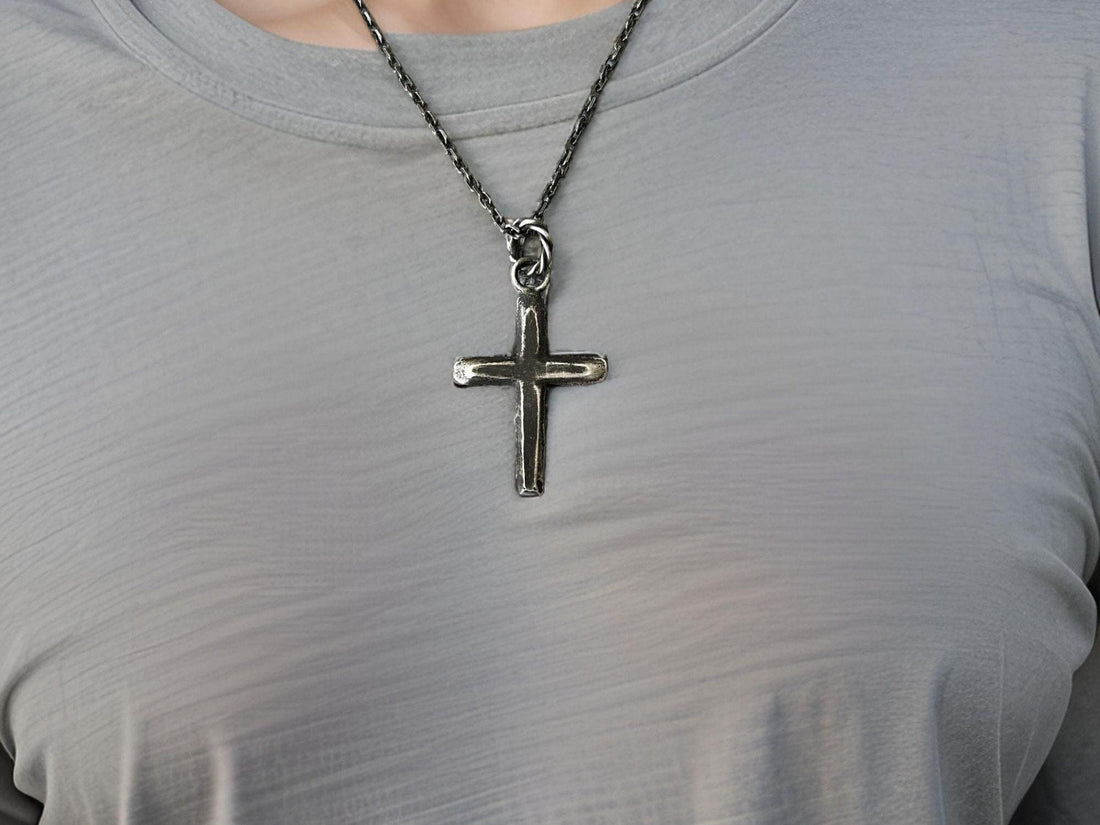 Silver Cross religious pendant necklace by JJewelryArt featuring a detailed Christian cross design.