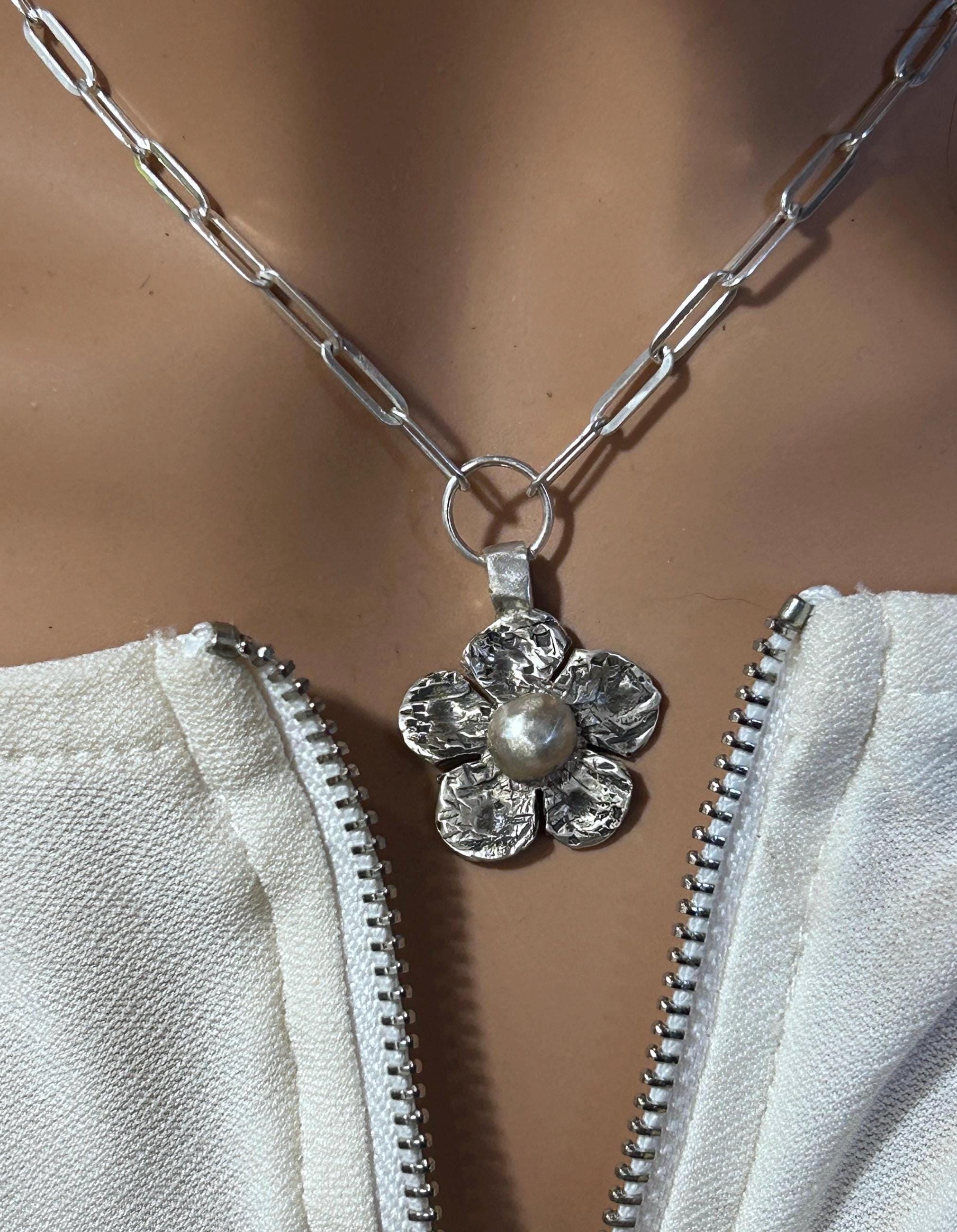 Sterling Silver Flower Pendant Necklace, Handmade Silver Artisan Jewelry
