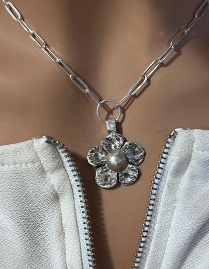 Sterling Silver Flower Pendant Necklace, Handmade Silver Artisan Jewelry