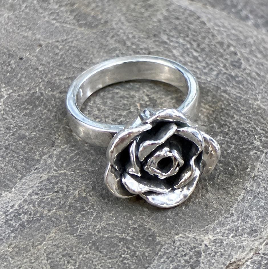 Solid silver rose ring by JJewelryArt featuring a detailed rose design, perfect as a statement ring for elegant style.