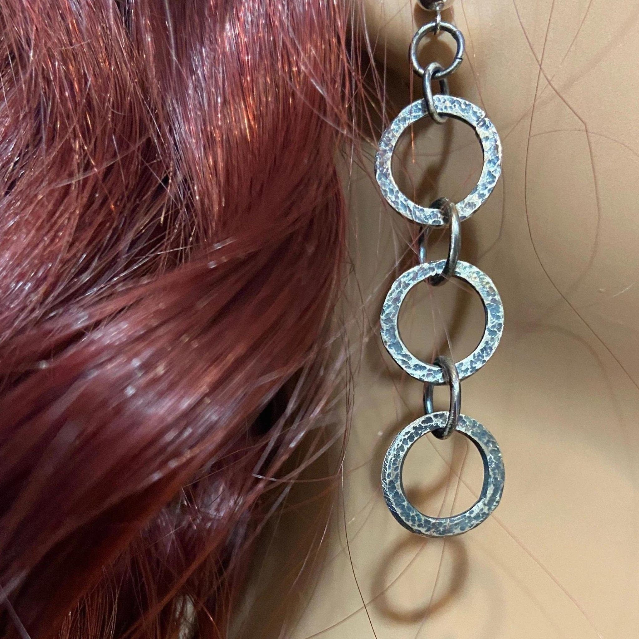 Fine Silver Dangle  Chain Earrings, Oxidized, Rustic Design
