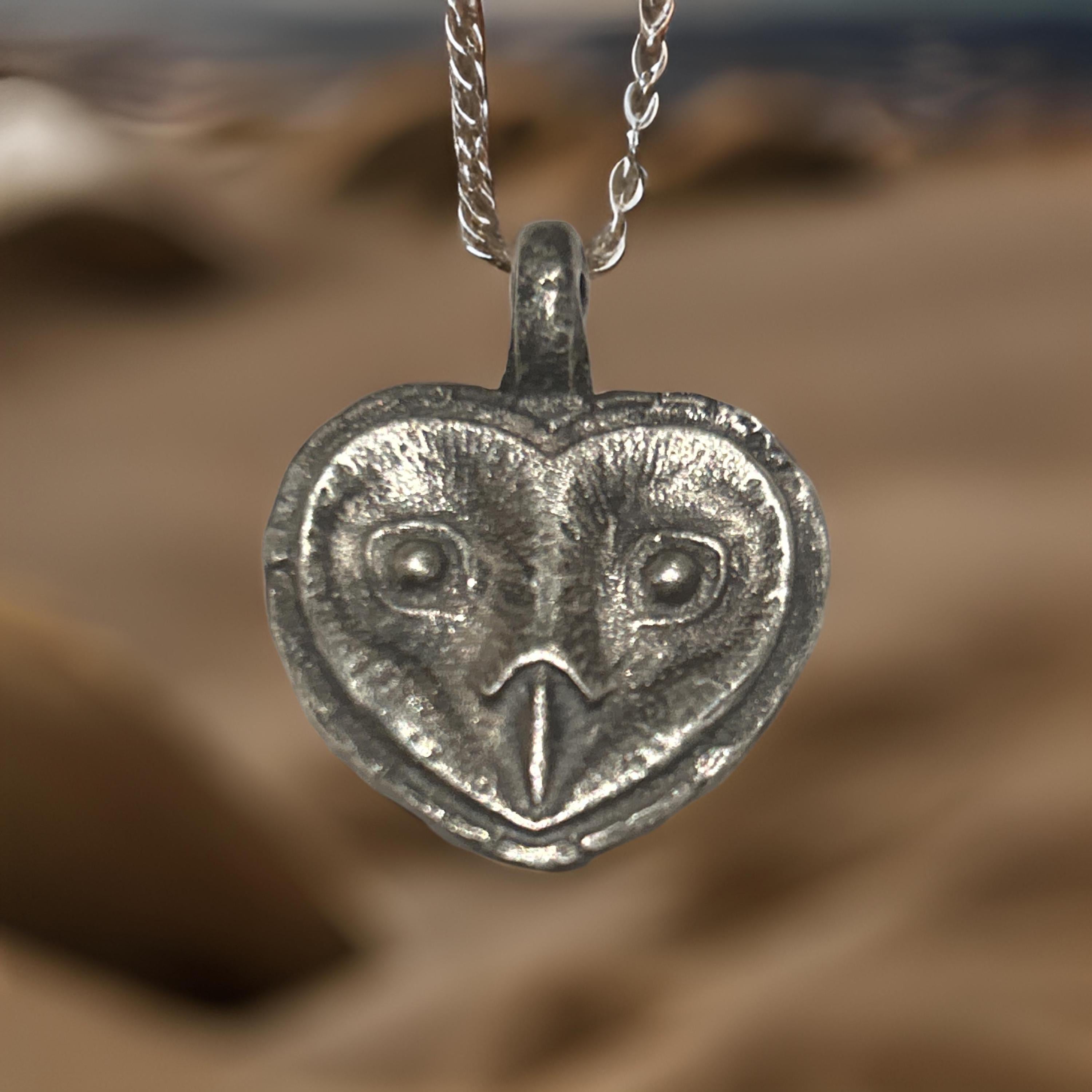 Sterling Silver Owl Pendant | Oxidized Rustic Heart Jewelry (30mm x 25mm)