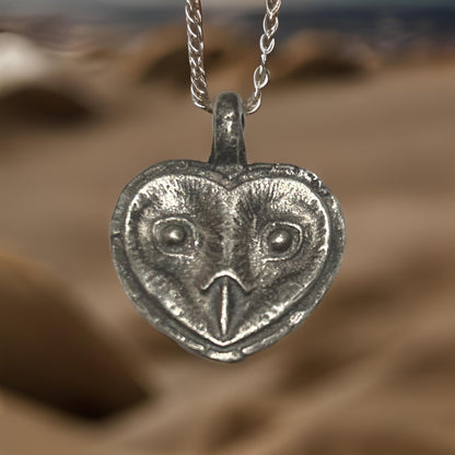 Sterling Silver Owl Pendant | Oxidized Rustic Heart Jewelry (30mm x 25mm)