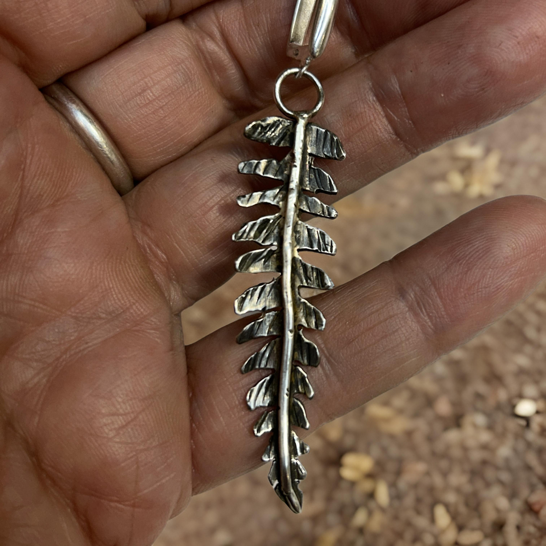 Rustic sterling silver fern long dangling earrings