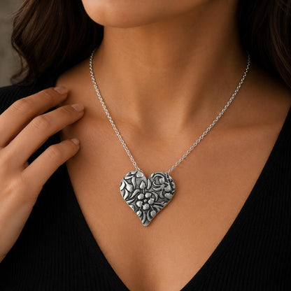 Sterling Silver Floral Heart Necklace, Botanical Jewelry