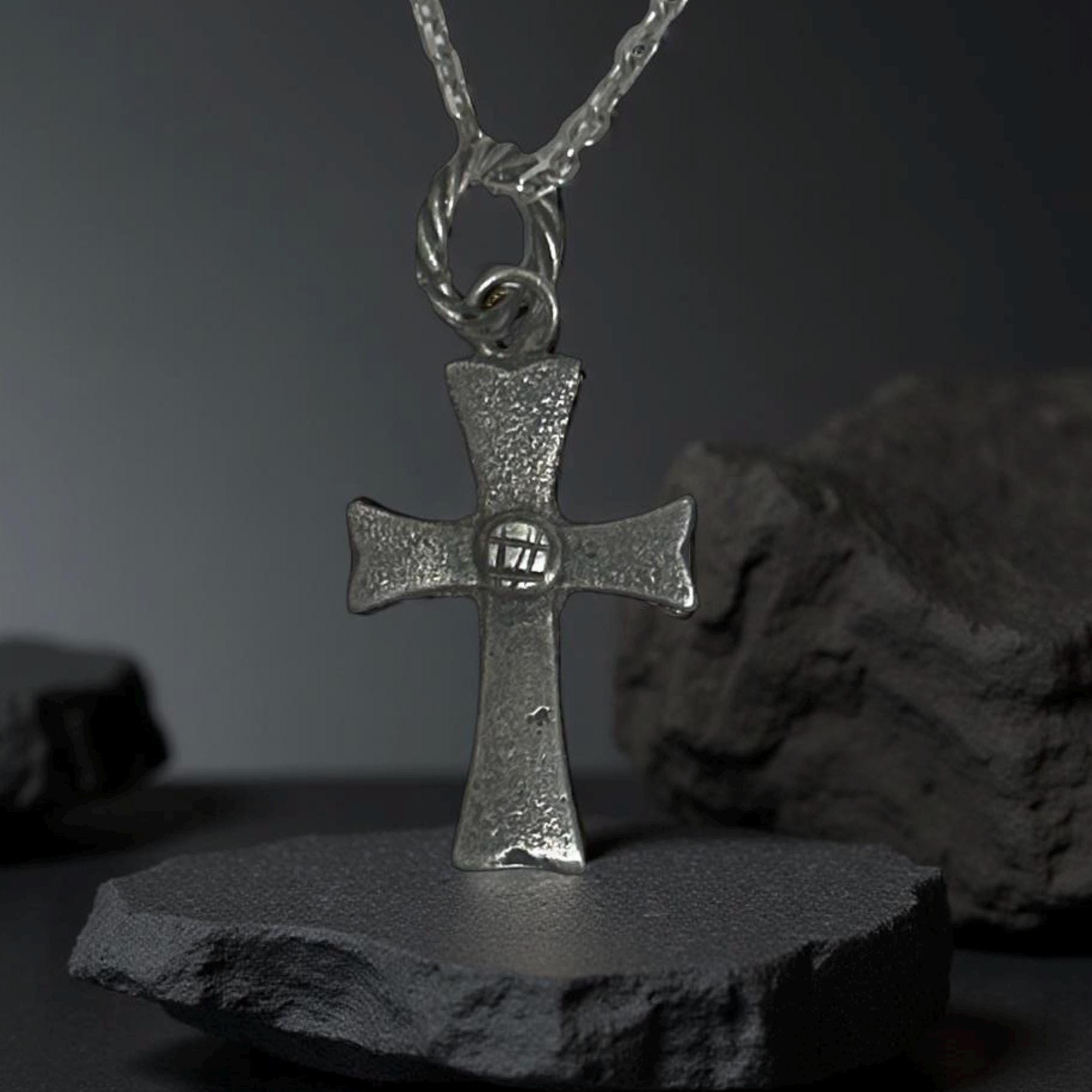 Sterling Silver Cross Pendant – Rustic Gothic Cross Textured Oxidized Jewelry