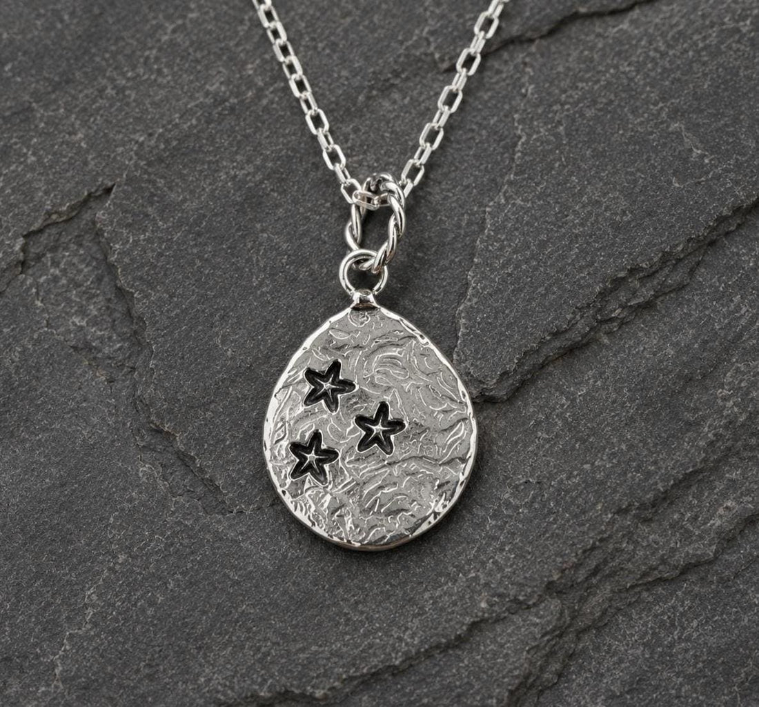 Silver star pendant necklace featuring celestial design, crafted by JJewelryArt, with a detailed star charm on a delicate chain.