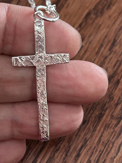 Sterling Silver Hammered Cross Pendant Necklace | Rustic Minimalist Christian Jewelry