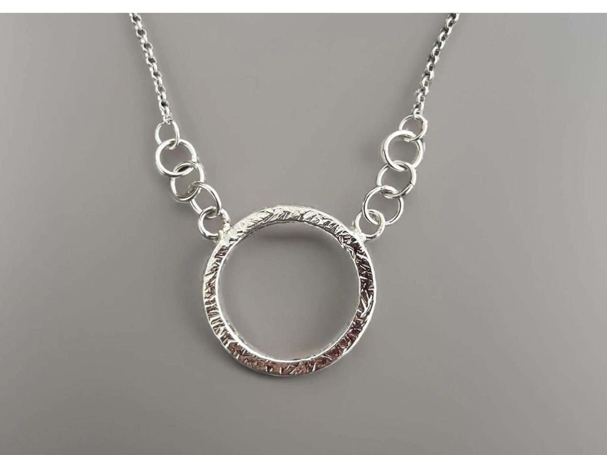 925 Sterling Silver • Circle Pendant Necklace • Minimalist Textured Design • Adjustable Chain • Handmade Chain