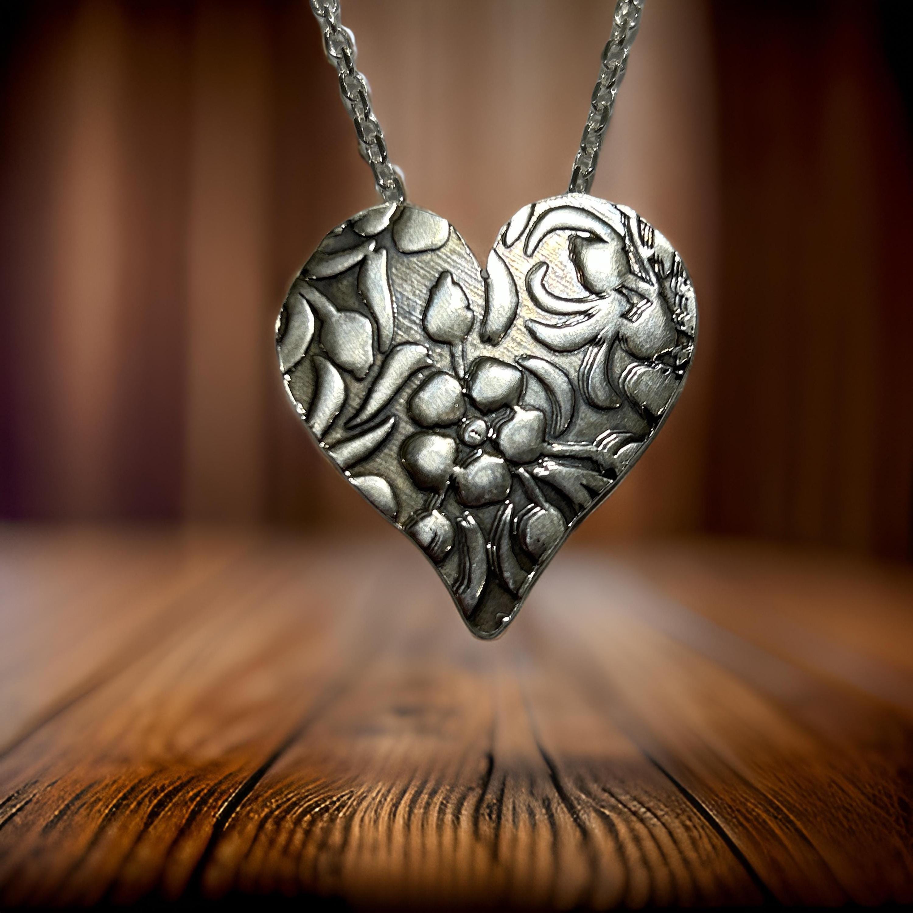 Sterling Silver Floral Heart Necklace, Botanical Jewelry
