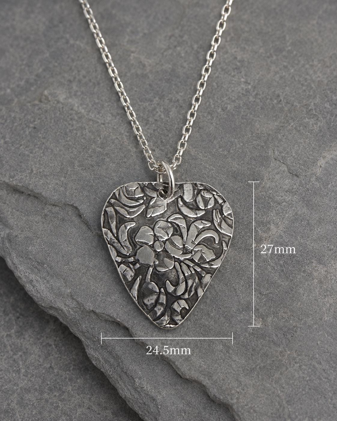 Sterling Silver Guitar Pick Pendant – Floral Engraved, Oxidized Music Jewelry