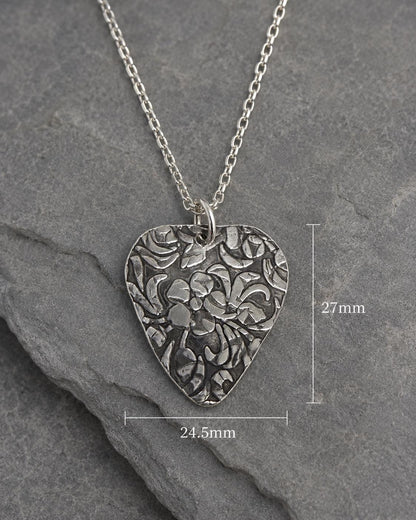 Sterling Silver Guitar Pick Pendant – Floral Engraved, Oxidized Music Jewelry