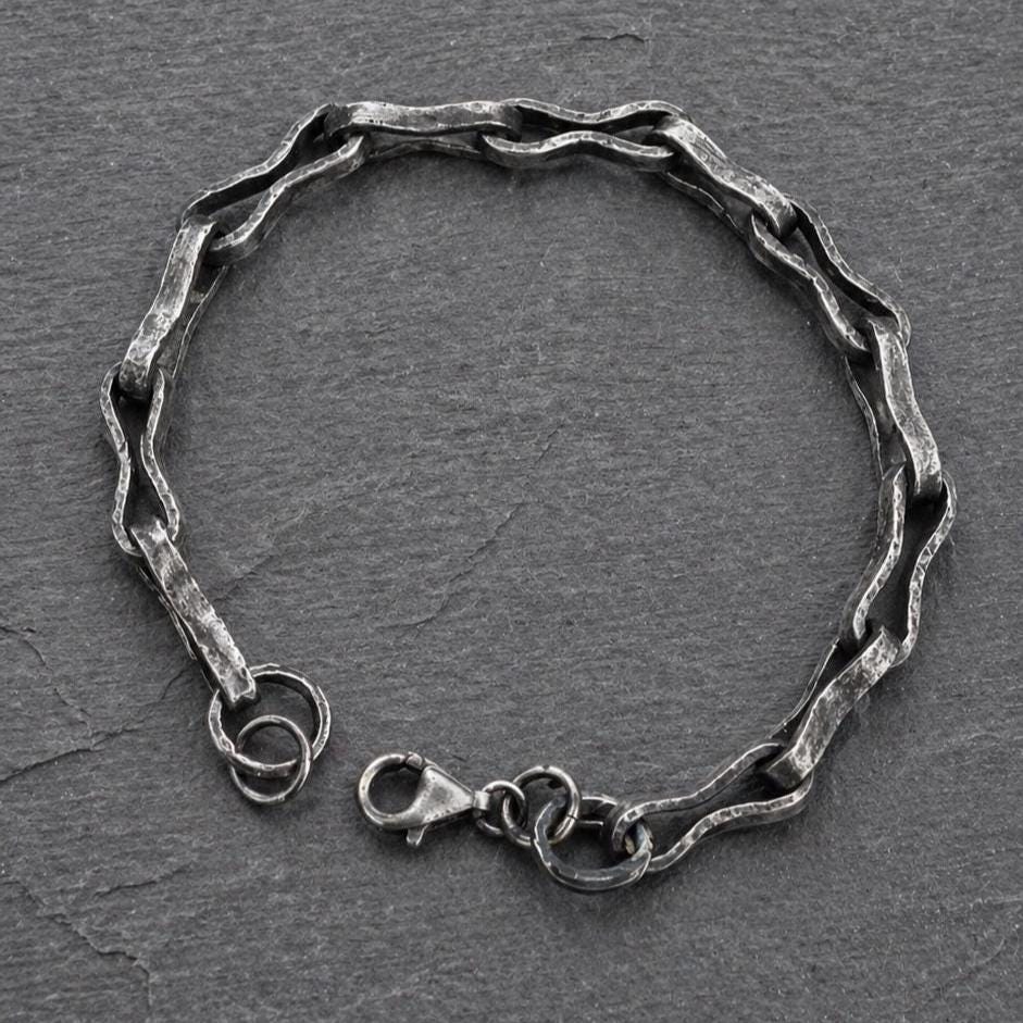 Handmade Oxidized Sterling Silver Link Bracelet, Rustic Men’s Jewelry