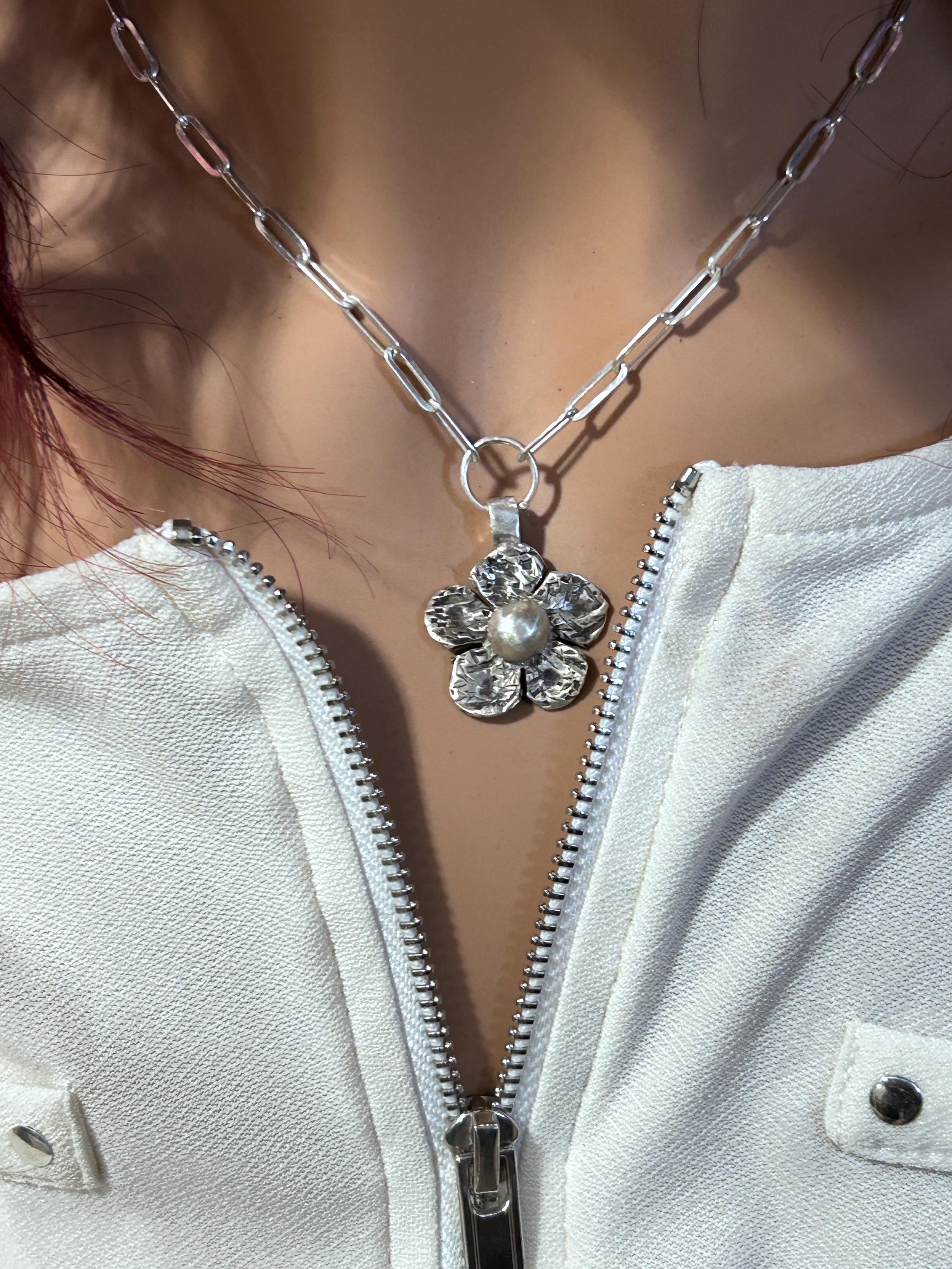 Sterling Silver Flower Pendant Necklace, Handmade Silver Artisan Jewelry