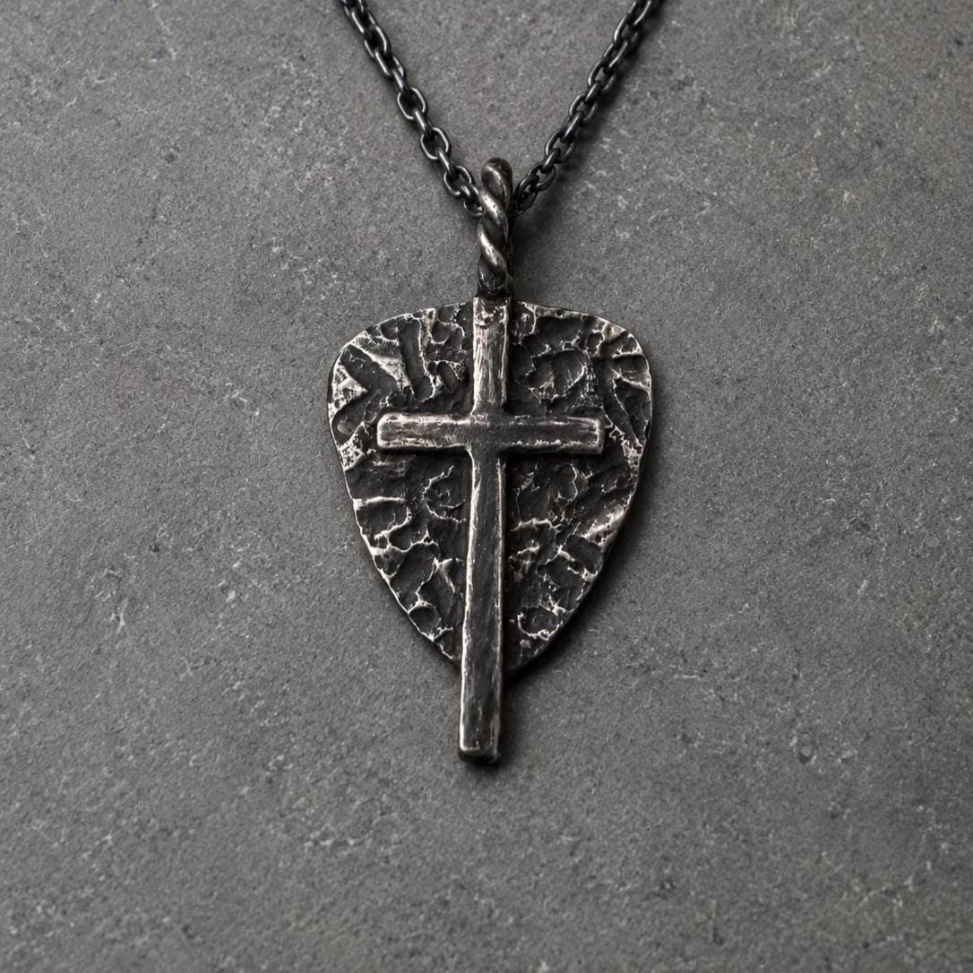 Sterling Silver Hammered Shield Cross Pendant, Oxidized Artisan Necklace for Men