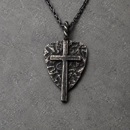 Sterling Silver Hammered Shield Cross Pendant, Oxidized Artisan Necklace for Men