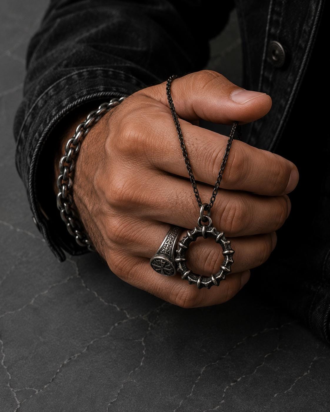 Handmade Sterling Silver Mens Spike Necklace Anchor Chain